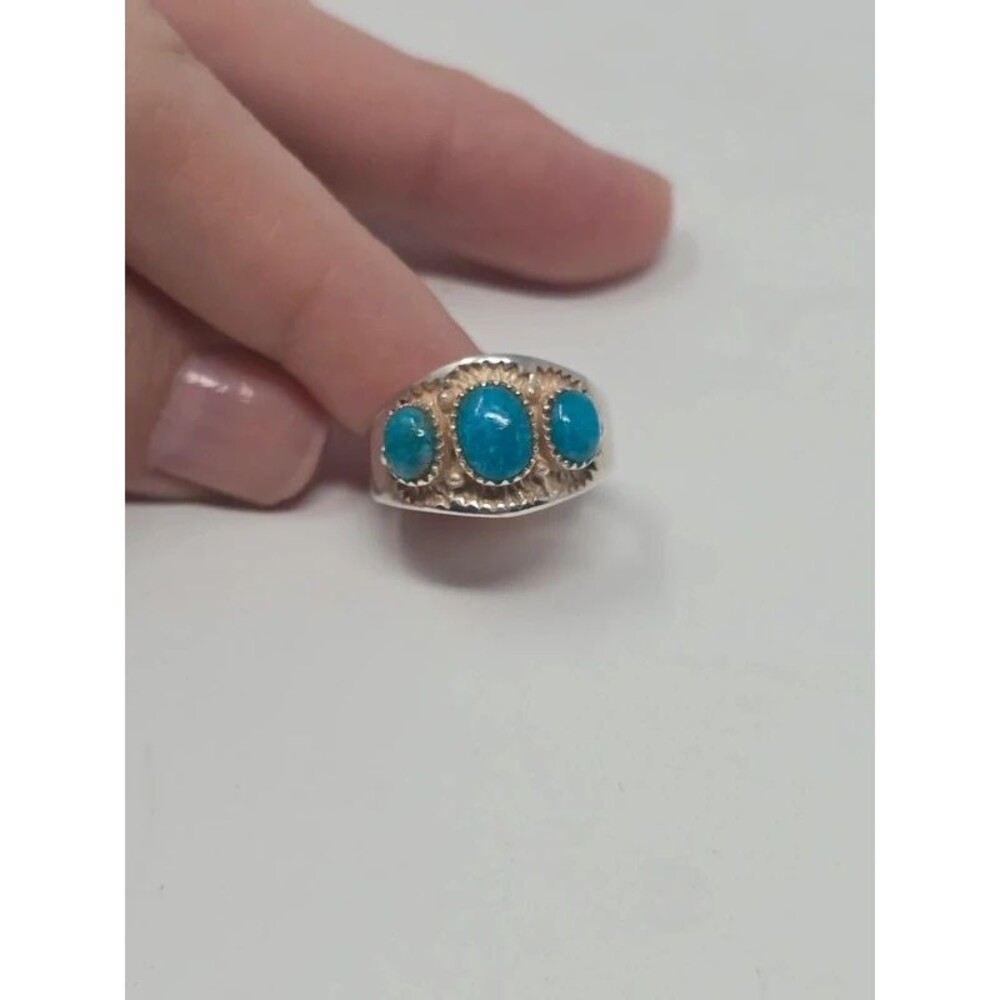 Vintage Southwestern Sterling Silver Three-Stone Turquoise Band Ring - Size 8.5